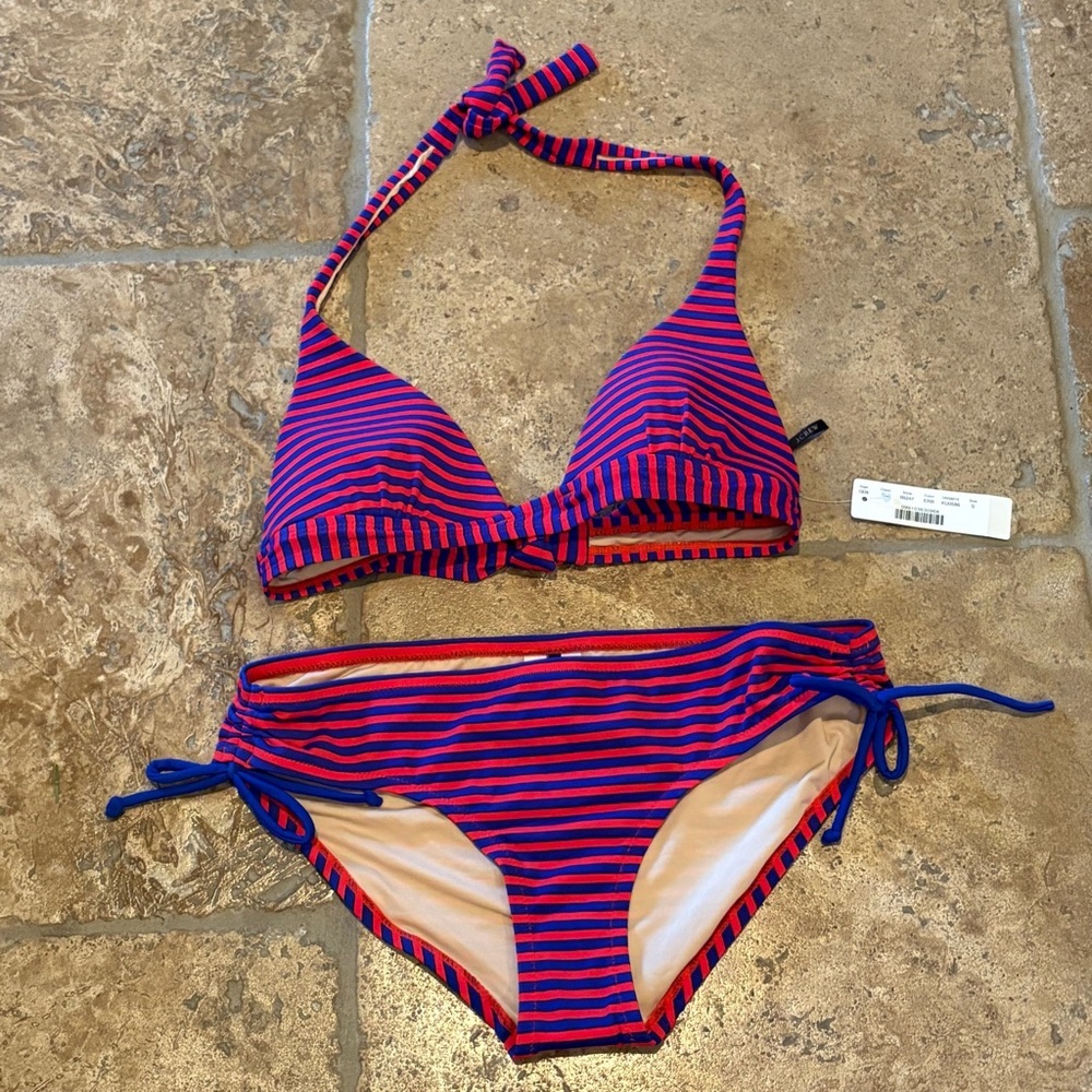 NWT~J. CREW Women Red Blue Striped Padded Bikini Set Size Small